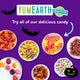 Halloween-themed assortment of YumEarth candy in bowls on a purple background.