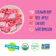 YumEarth chewys flavored strawberry, red apple, cherry and watermelon, followed by allergy friendly icons