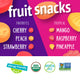 Box of YumEarth Fruit Snacks with flavor list: cherry, peach, strawberry, mango, raspberry, pineapple.