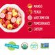 Fruit slices and shapes with flavor labels: mango, peach, watermelon, pomegranate, cherry.