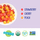 Bowl of YumEarth jelly bean‑style snacks and flavor list: strawberry, banana, cherry, peach.