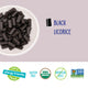 Black licorice pieces with icons showing the candy is free from the top common allergens.
