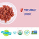 Pomegranate licorice pieces beside a flavor key and icons verifying the candy is free from the top common allergens.