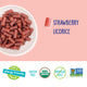 Strawberry licorice pieces next to a pink flavor callout and allergy‑friendly icons.
