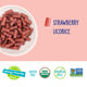 Strawberry licorice pieces next to a pink flavor callout and allergy‑friendly icons.