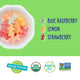 Bowl of YumEarth sour littles gummies and label showing flavors blue raspberry, lemon, strawberry — organic, allergy-friendly, non-GMO