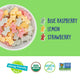 Bowl of YumEarth sour littles gummies and label showing flavors blue raspberry, lemon, strawberry — organic, allergy-friendly, non-GMO