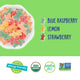 Bowl of YumEarth sour littles gummies and label showing flavors blue raspberry, lemon, strawberry — organic, allergy-friendly, non-GMO