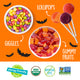 Graphic showing three bowls of YumEarth candy—lollipops, Giggles, gummy fruits—with flavor icons.