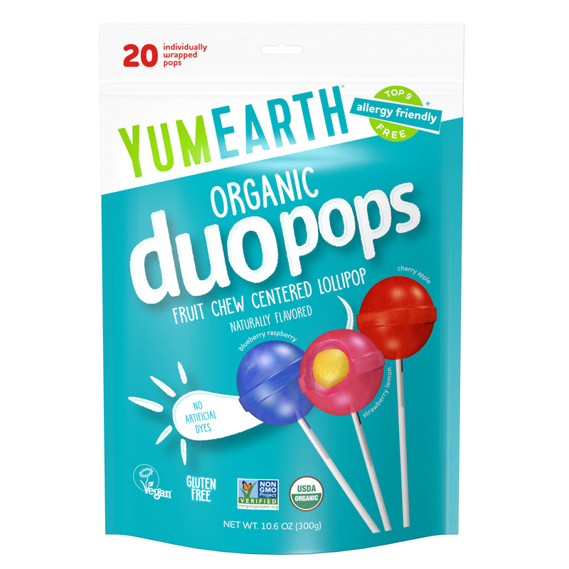 Front of YumEarth Duo pops pouch labeled allergy-friendly, vegan, and free from artificial dyes.