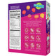 Back of YumEarth snack box in purple packaging showing nutrition facts and many benefit icons, labeled free from artificial dyes.