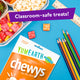 Lunch scene with YumEarth Chewys bag, pencils, ruler, and lunch tray labeled “Classroom-safe treats!”