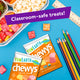YumEarth Chewys two snack packs with lunch tray, pencils, and “Classroom-safe treats!” text