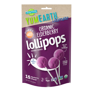 YumEarth elderberry lollipops bag with a purple design, labeled allergy-friendly and free from artificial dyes