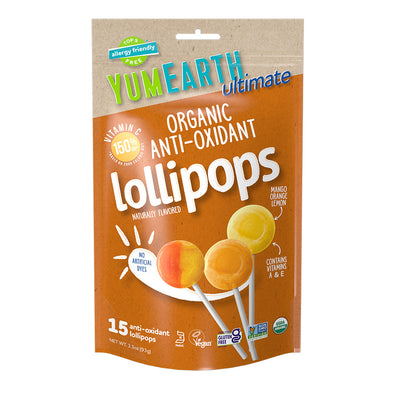 Back panel of YumEarth Pops in orange packaging showing nutrition facts and icons for free from the top common allergens.